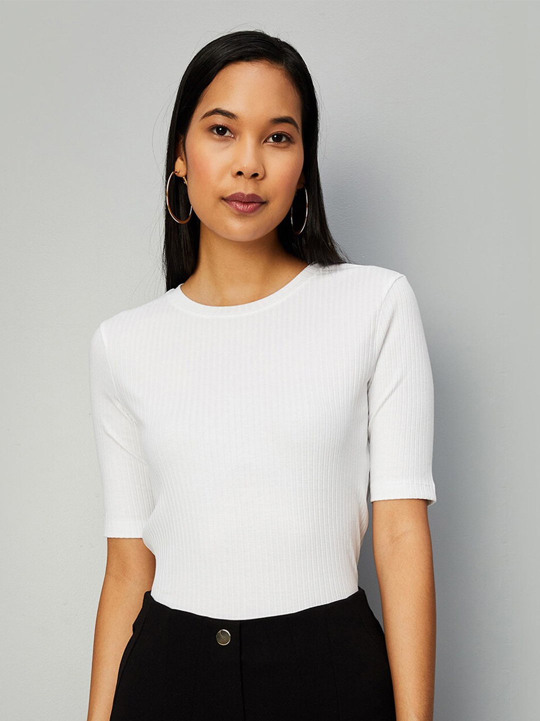 

max Round Neck Ribbed Casual T-Shirt, White
