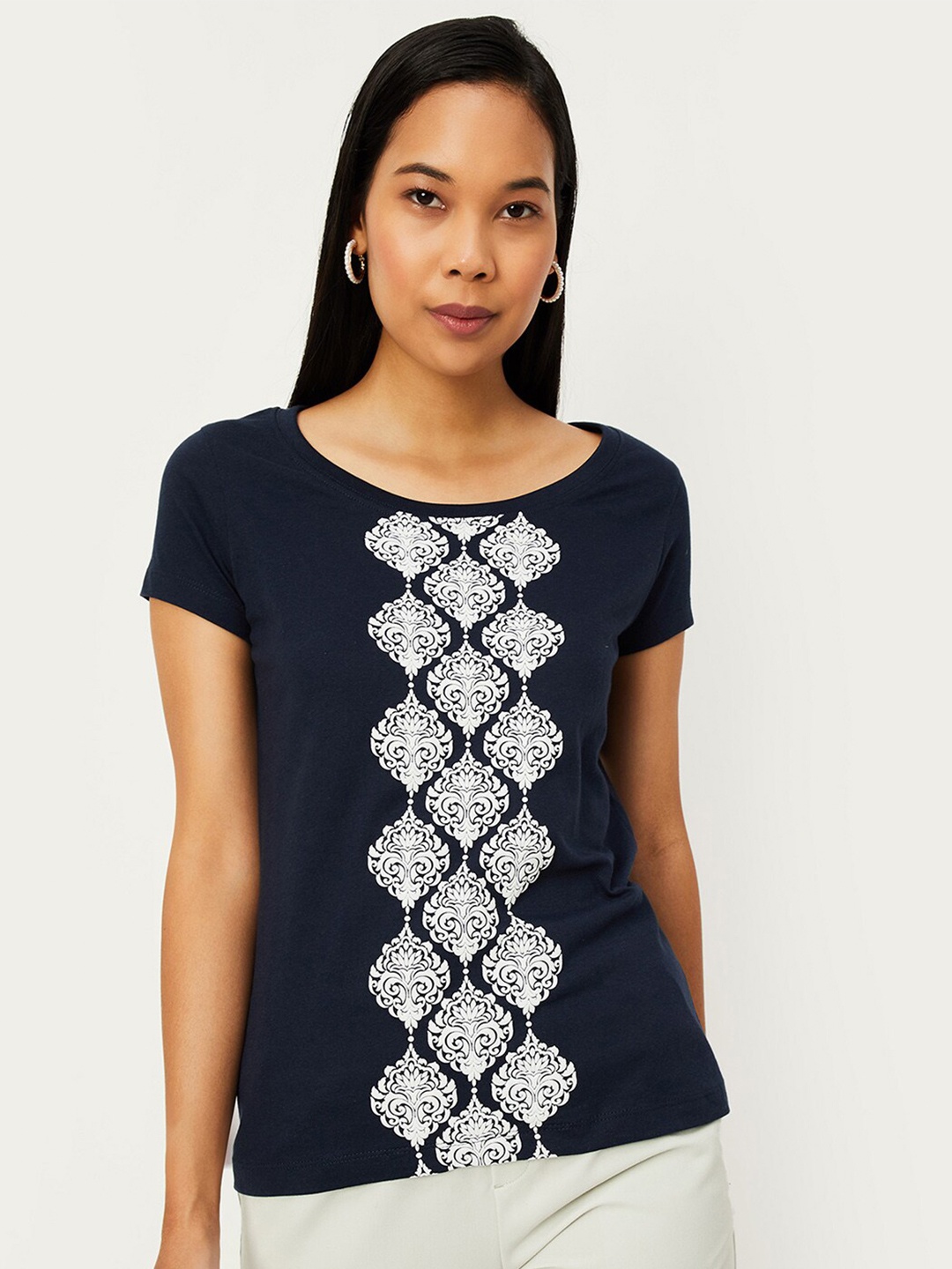 

max Floral Printed Pure Cotton T-Shirt, Navy blue