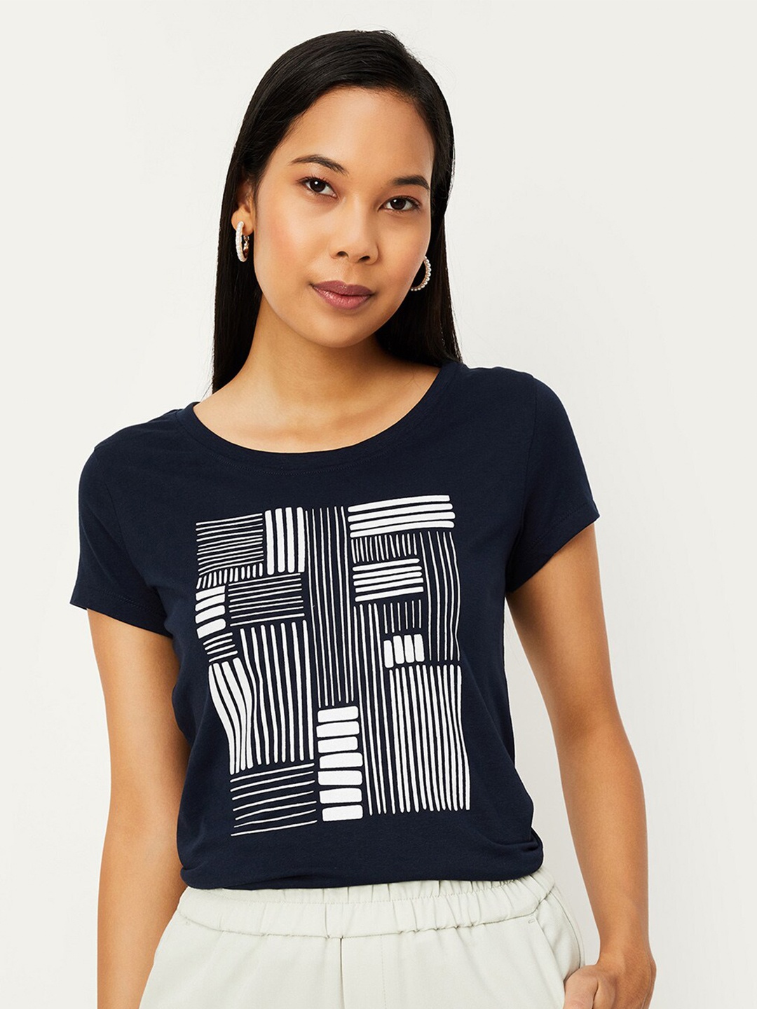 

max Graphic Printed Pure Cotton T-Shirt, Navy blue
