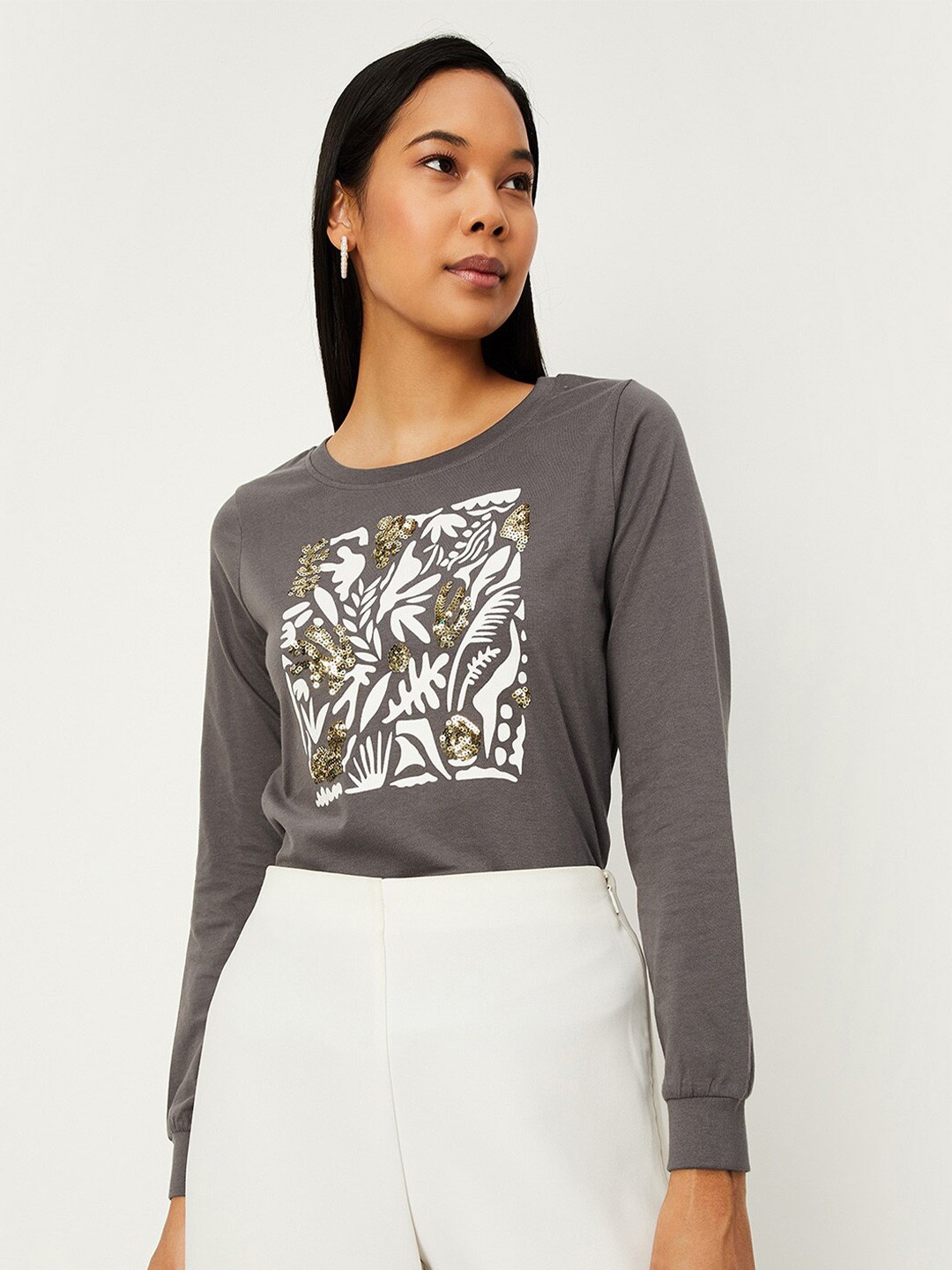 

max Floral Printed Embellished Long Sleeves Casual Knitted Pure Cotton T-shirt, Grey