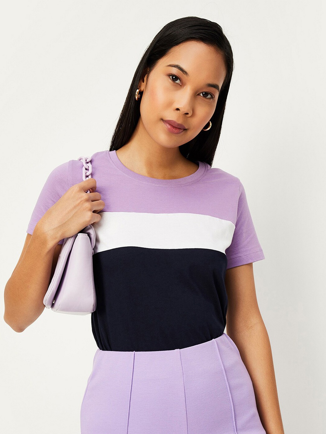 

max Colourblocked Pure Cotton T-shirt, Purple