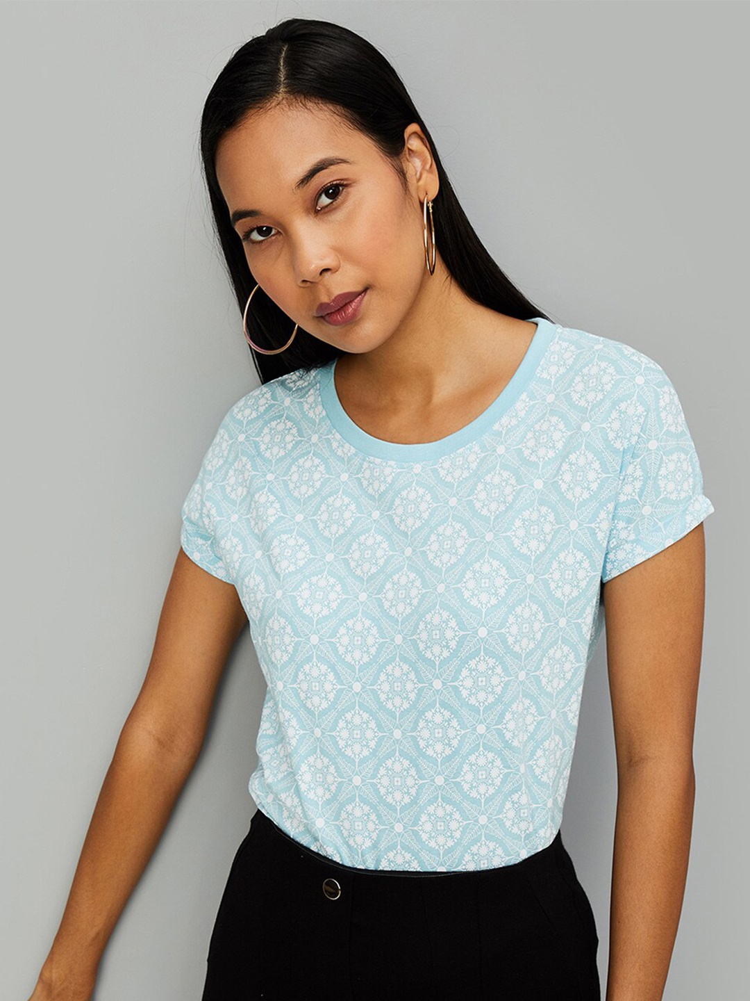 

max Floral Printed Extended Sleeves Pure Cotton T-Shirt, Blue