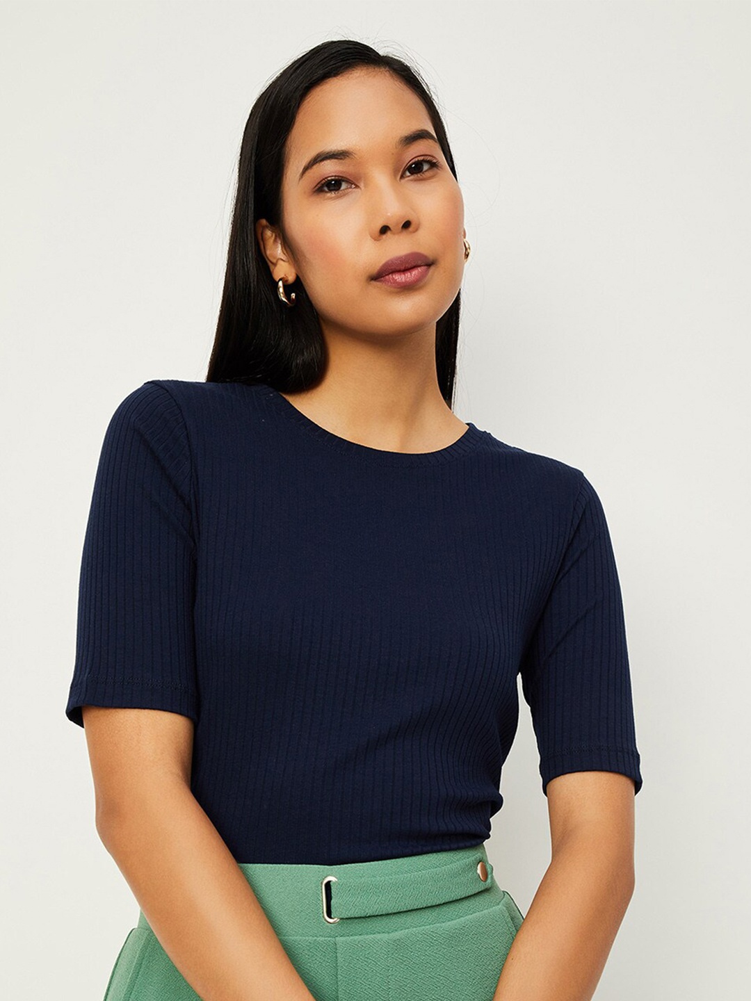 

max Round Neck Ribbed Casual T-Shirt, Navy blue