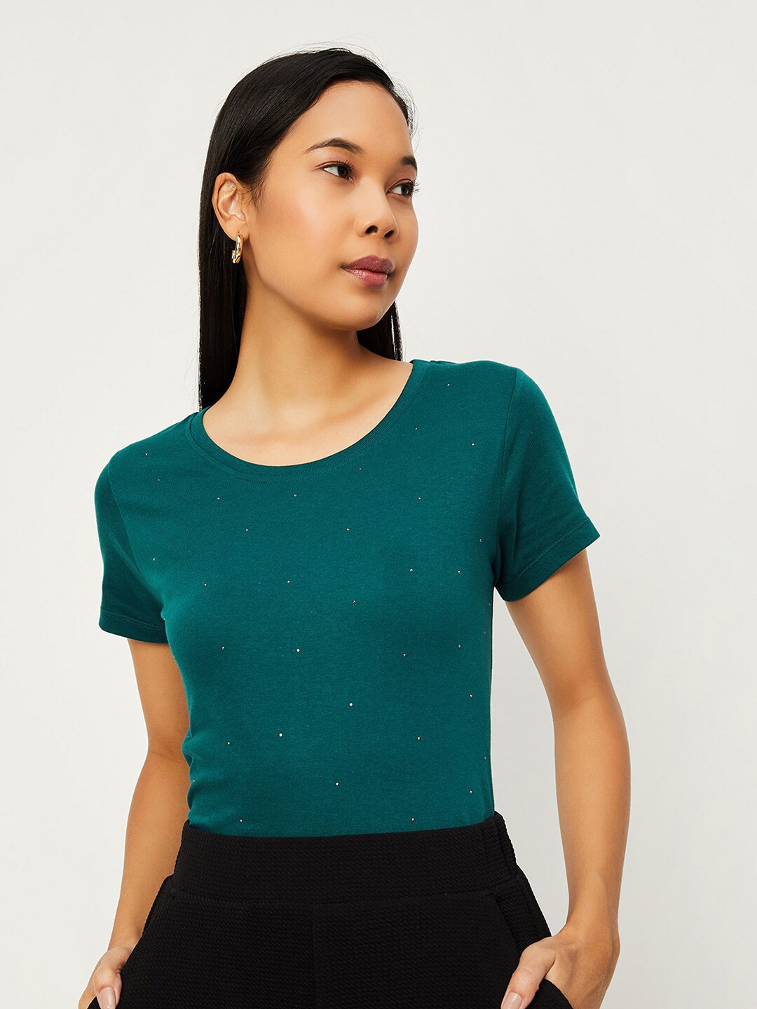 

max Embellished Round Neck Casual Knitted Pure Cotton T-shirt, Teal