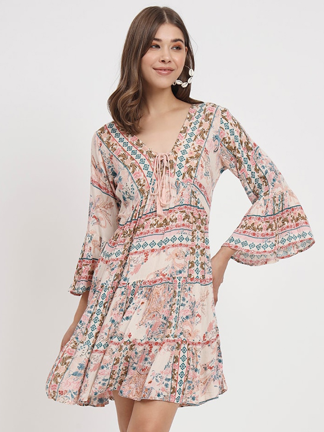 

VELDRESS Floral Printed Tie-Up Neck Bell Sleeve Empire Dress, Beige