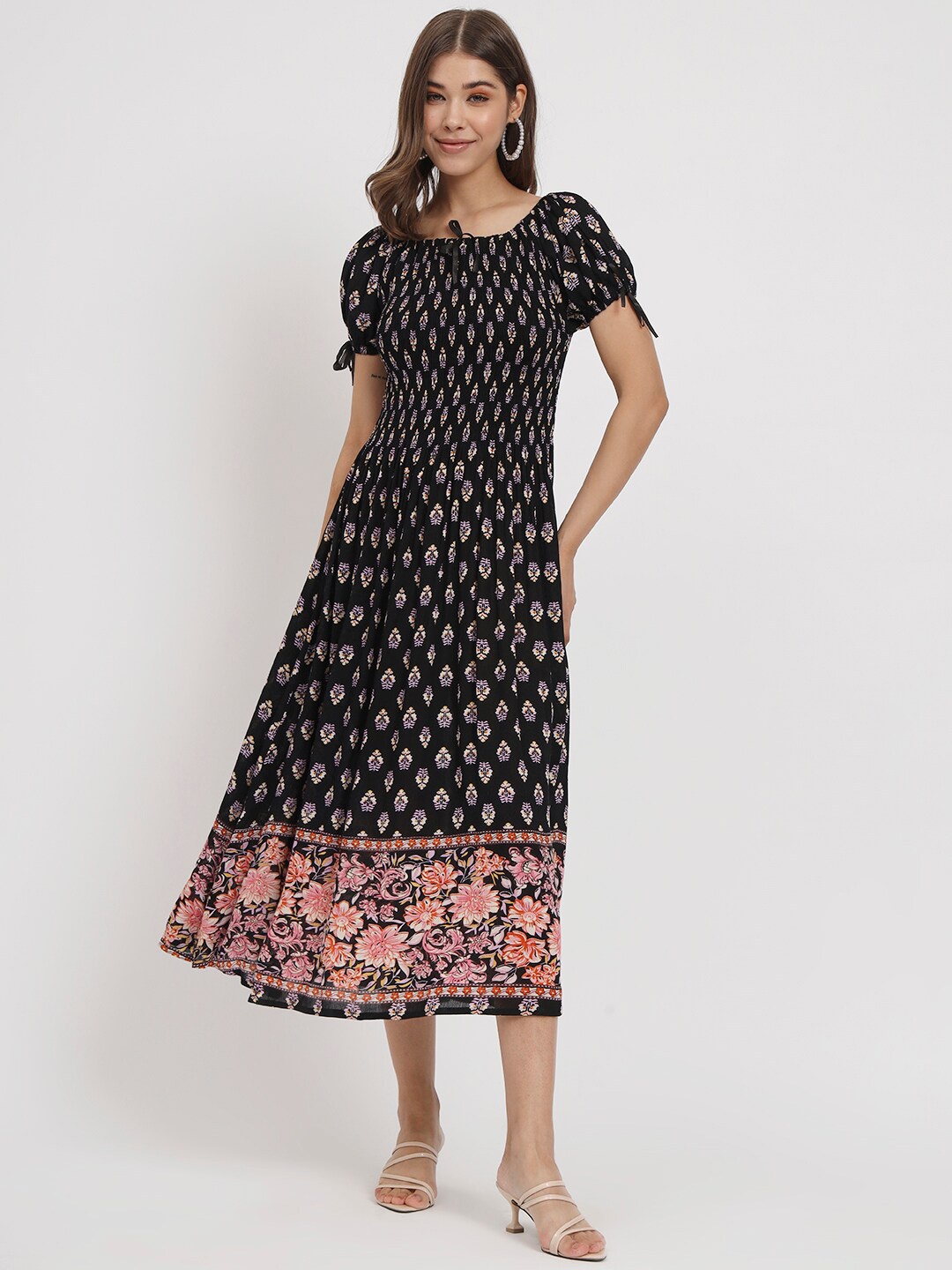 

VELDRESS Ethnic Motifs Print Ruffled Fit & Flare Midi Dress, Black