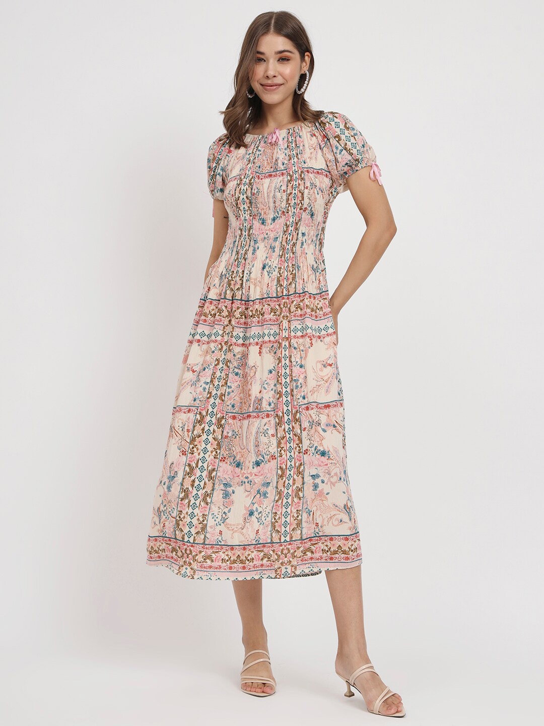 

VELDRESS Ethnic Motifs Print Ruffled Fit & Flare Midi Dress, Pink