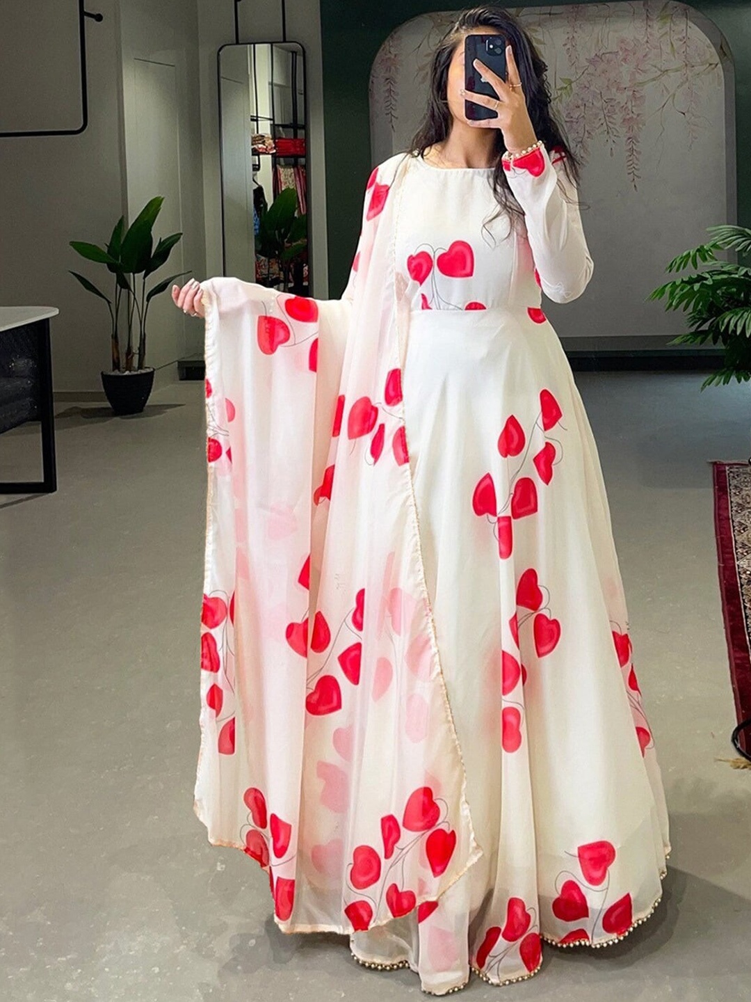 

Kedar Fab Printed Georgette Fit & Flare Ethnic Dress With Dupatta, White