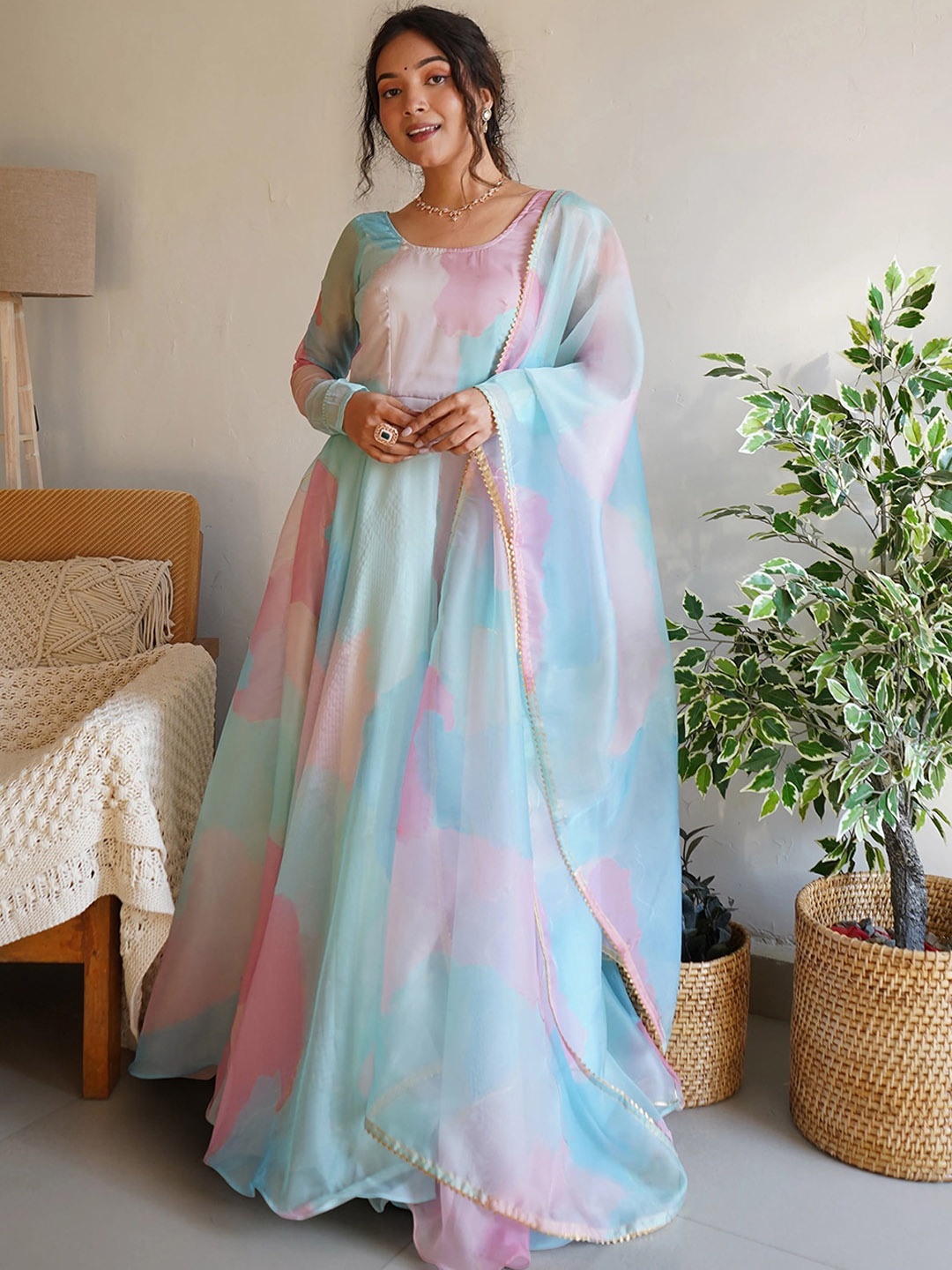 

Kedar Fab Printed Georgette Fit & Flare Ethnic Dress With Dupatta, Blue