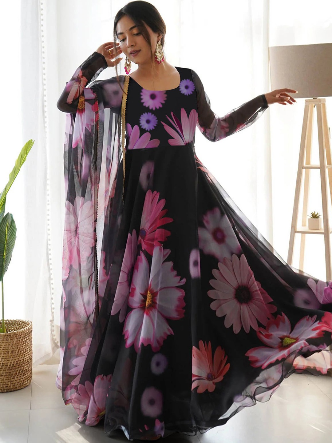 Kedar Fab Floral Printed Maxi Ethnic Dress With Dupatta, Black