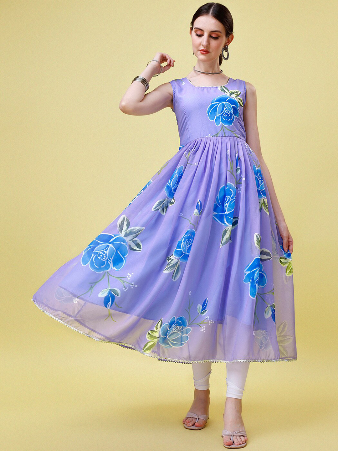 

Kedar Fab Floral Printed Gotta Patti Georgette Anarkali Kurta With Dupatta, Purple