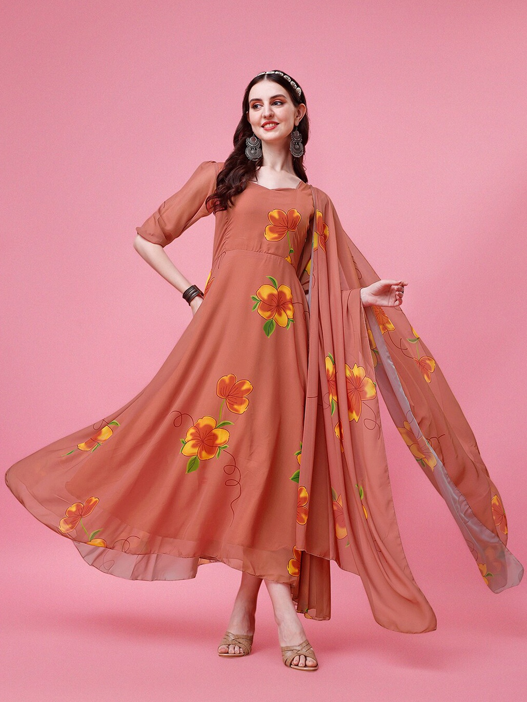 

Kedar Fab Floral Printed Puff Sleeve Gathered Georgette Maxi Ethnic Dress With Dupatta, Beige