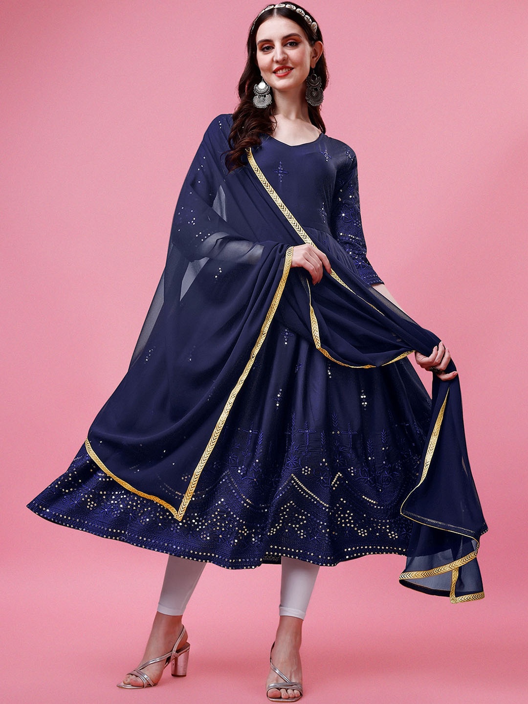 

Kedar Fab Ethnic Motifs Embroidered Sequinned Detailed Silk Anarkali Kurta With Dupatta, Navy blue