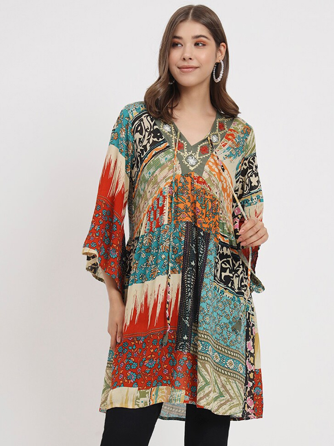 

VELDRESS Abstract Printed A Line Kurti, Green