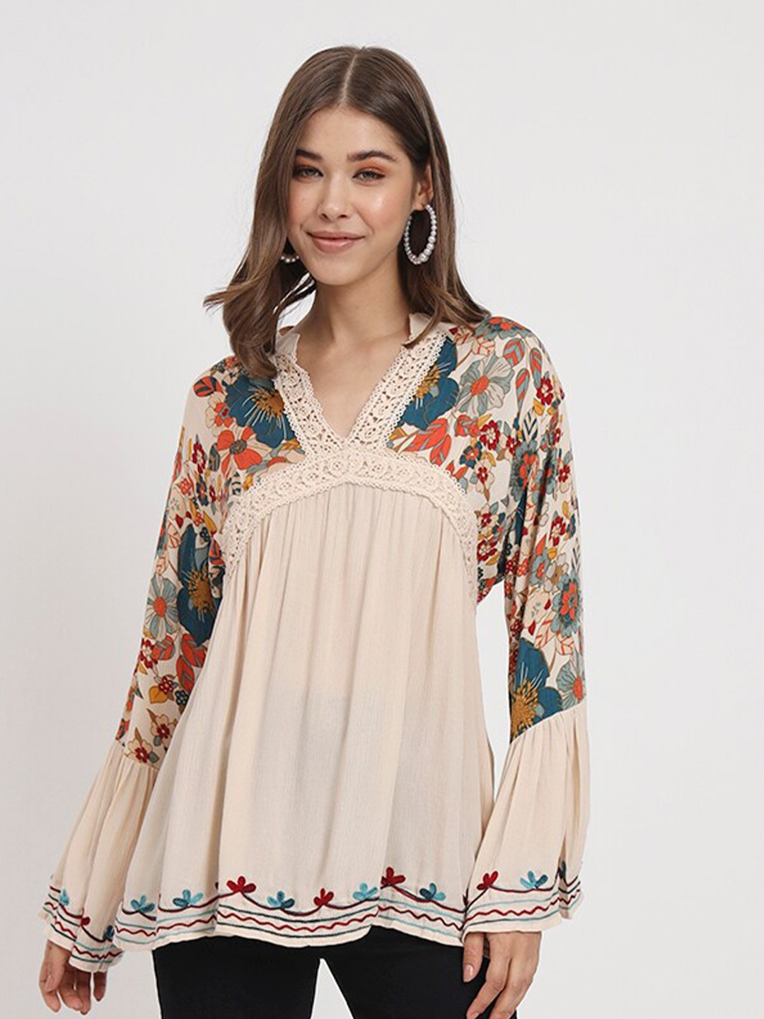 

VELDRESS Floral Printed V Neck Tunic, Beige