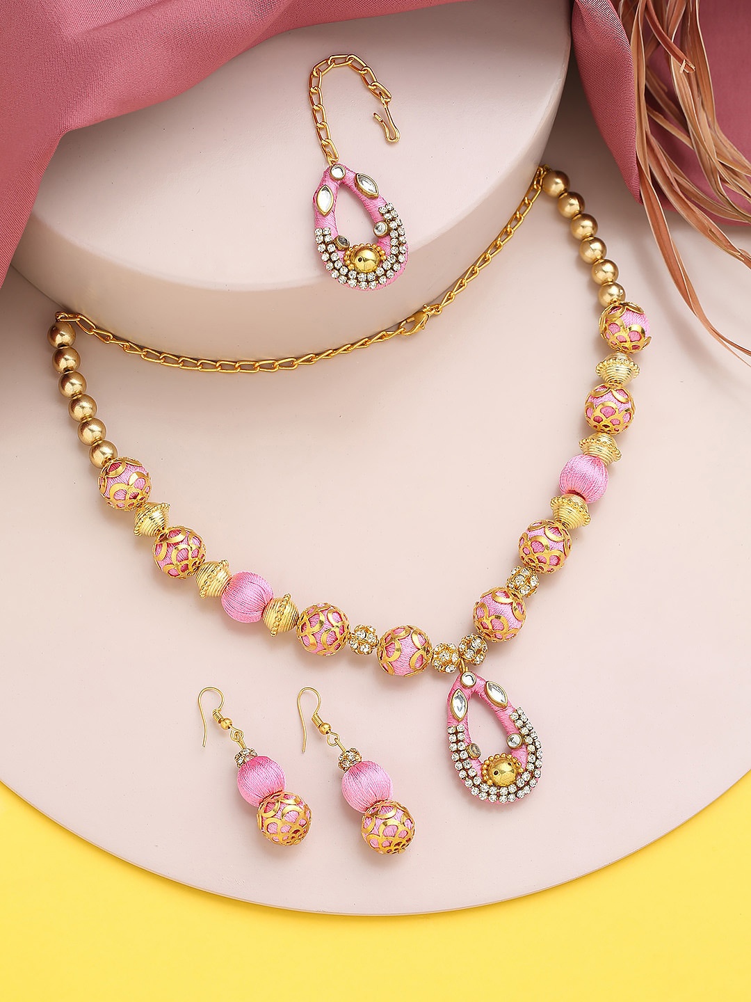 

AKSHARA Gold Plated Stone Studded & Beaded German Silver Jewellery Set