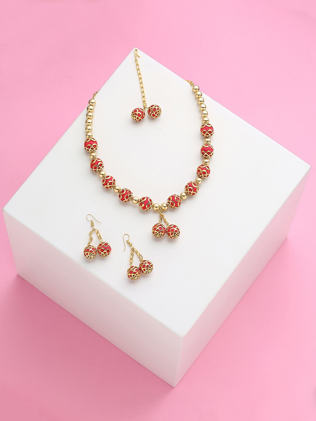 

AKSHARA Gold Plated Stone Studded & Beaded German Silver Jewellery Set
