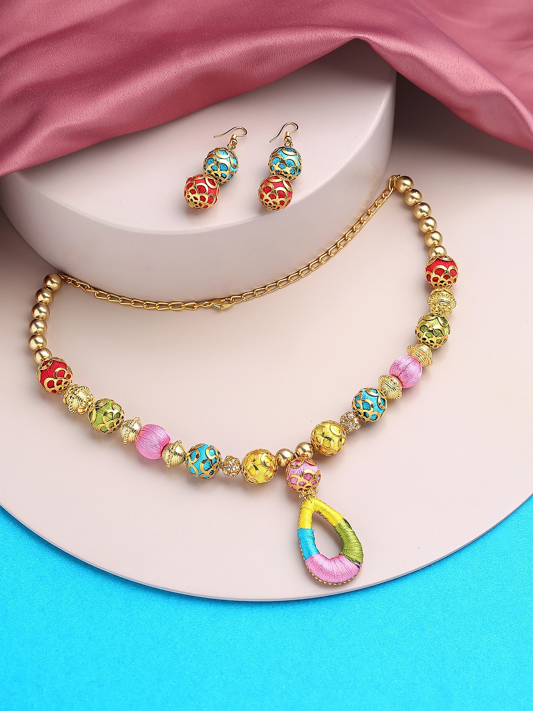 

AKSHARA Gold Plated Stone Studded & Beaded German Silver Jewellery Set