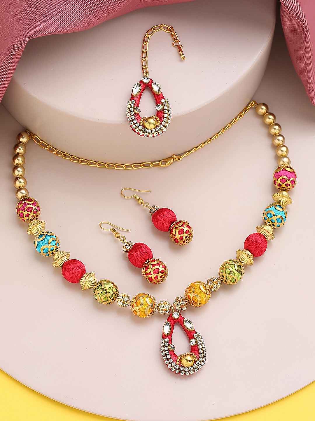 

AKSHARA Gold Plated Stones Studded & Beaded German Silver Jewellery Set