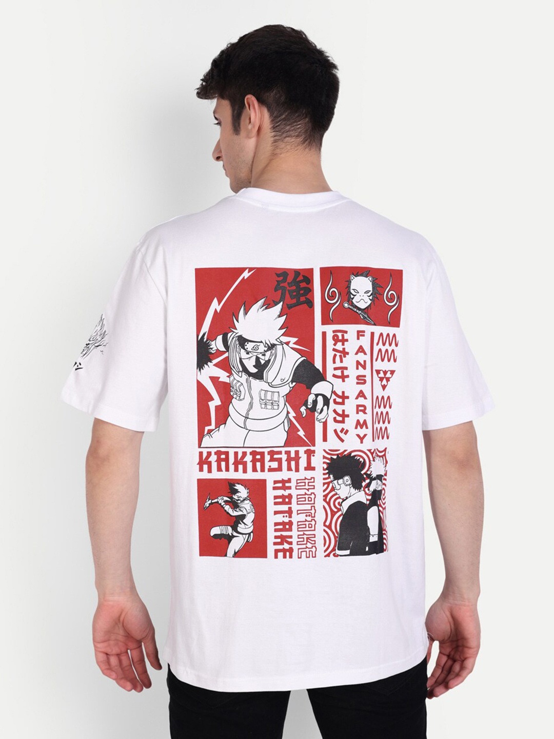 Fans Army Naruto Printed Drop Shoulder Sleeves Pure Cotton Oversized T-shirt, White