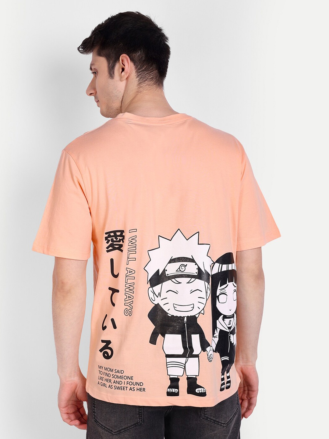 

Fans Army Naruto Printed Drop Shoulder Sleeves Pure Cotton Oversized T-shirt, Peach