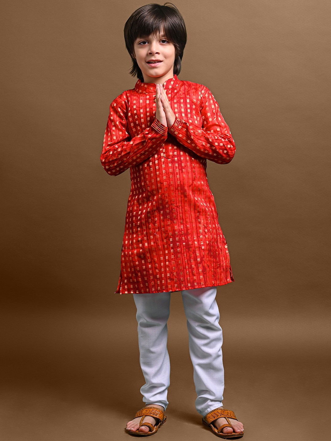 

VESHAM Boys Geometric Woven Design Mandarin Collar Kurta with Pyjamas, Orange