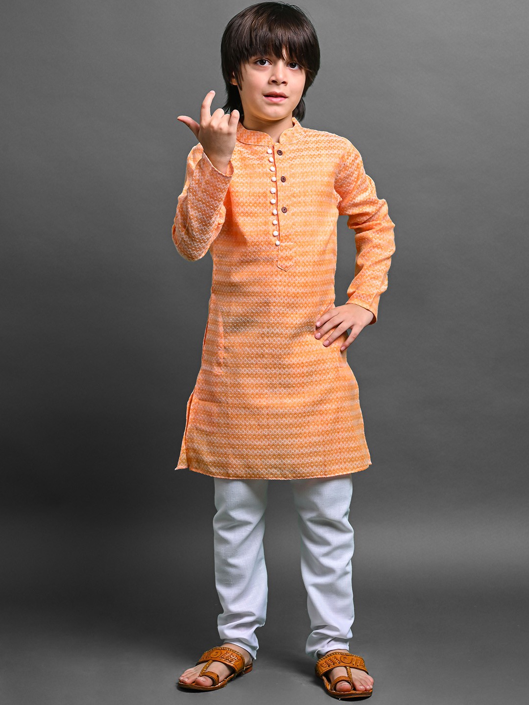 

VESHAM Boys Geometric Embroidered Kurta with Pyjamas, Orange
