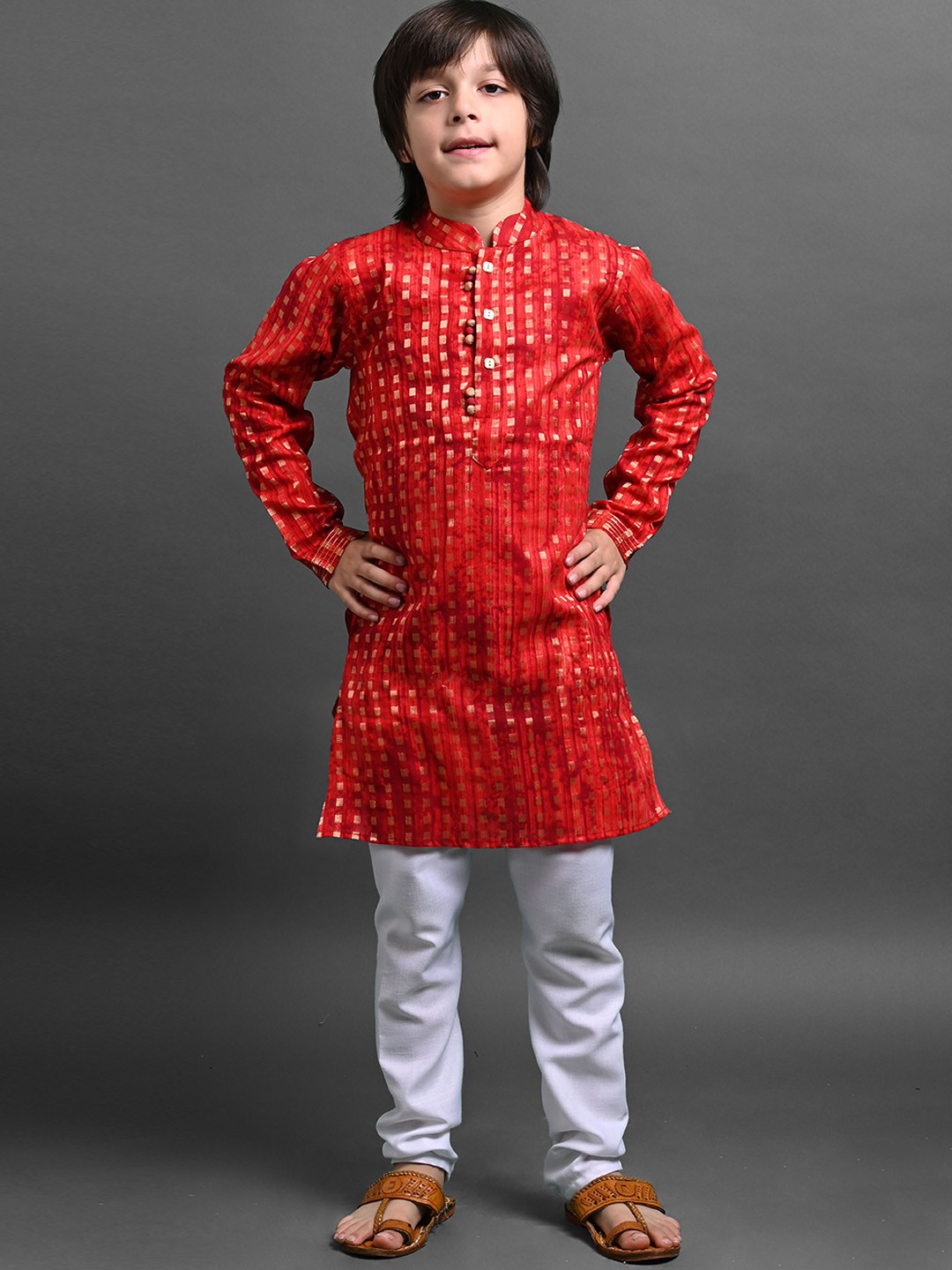 

VESHAM Boys Woven Design Mandarin Collar Long Sleeves Kurta with Pyjamas, Red