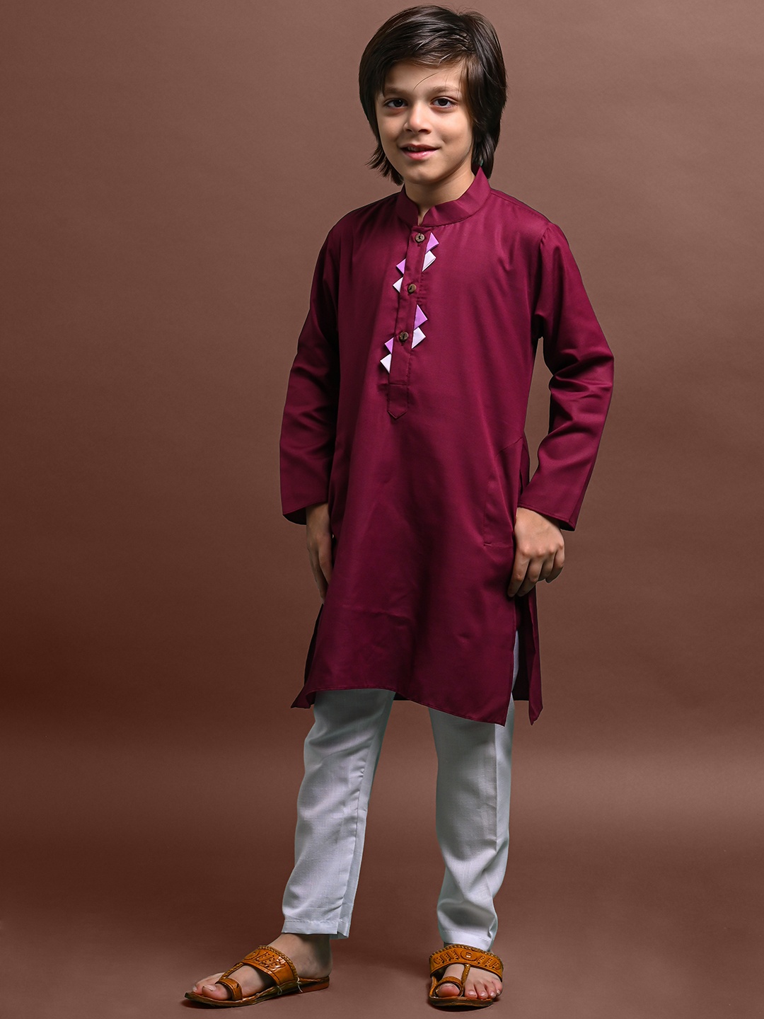 

VESHAM Boys Mandarin Collar Long Sleeves Kurta with Pyjamas, Burgundy