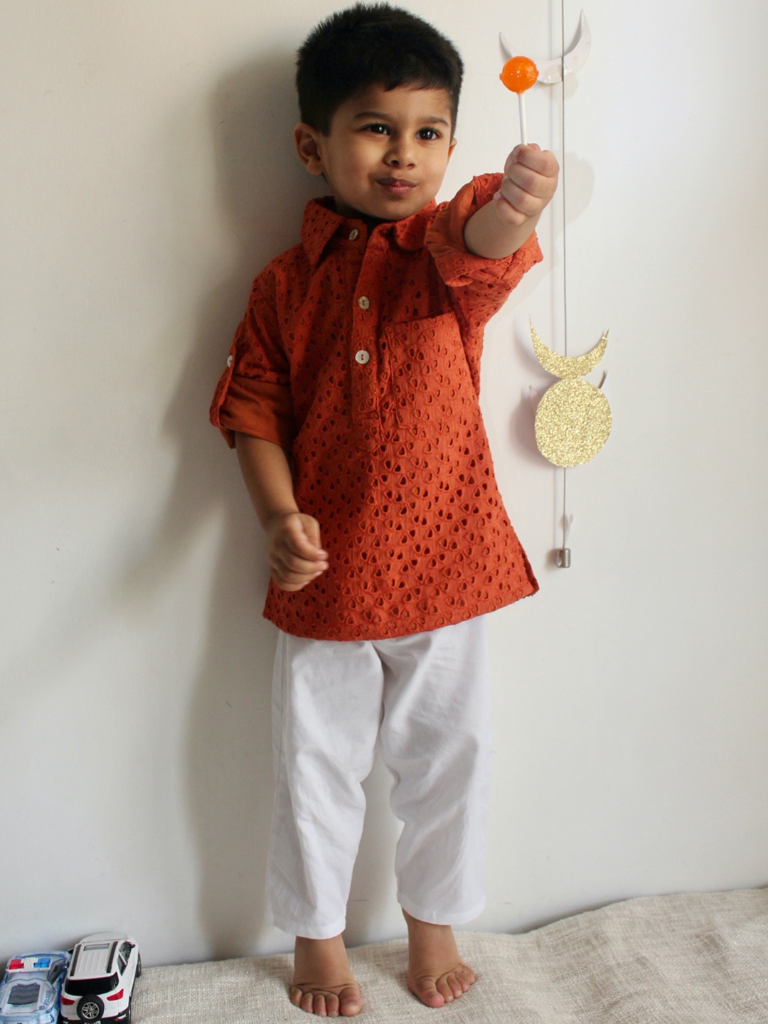 charkhee Boys Floral Regular Thread Work Pure Cotton Kurta with Pyjamas, Rust