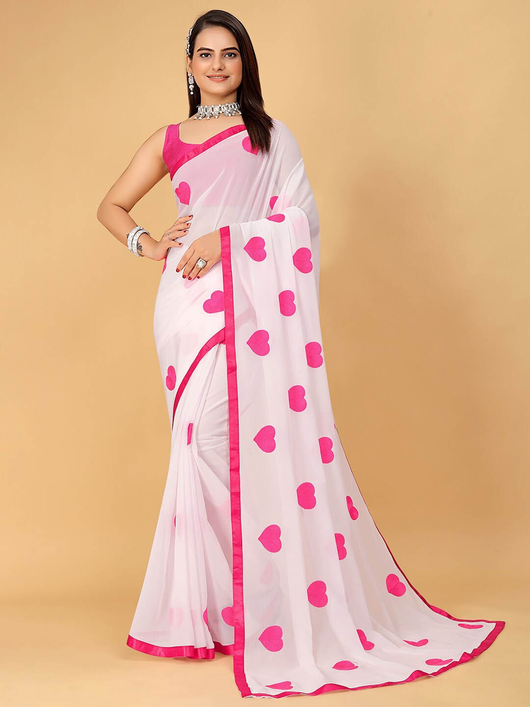 

SAREEWAVE Geometric Printed Poly Georgette Saree, Pink