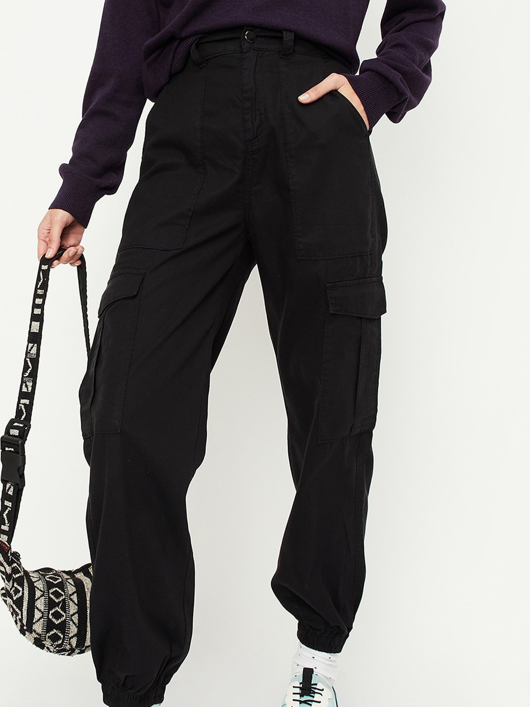 

max Women Regular Fit Mid-Rise Cotton Cargos Trousers, Black