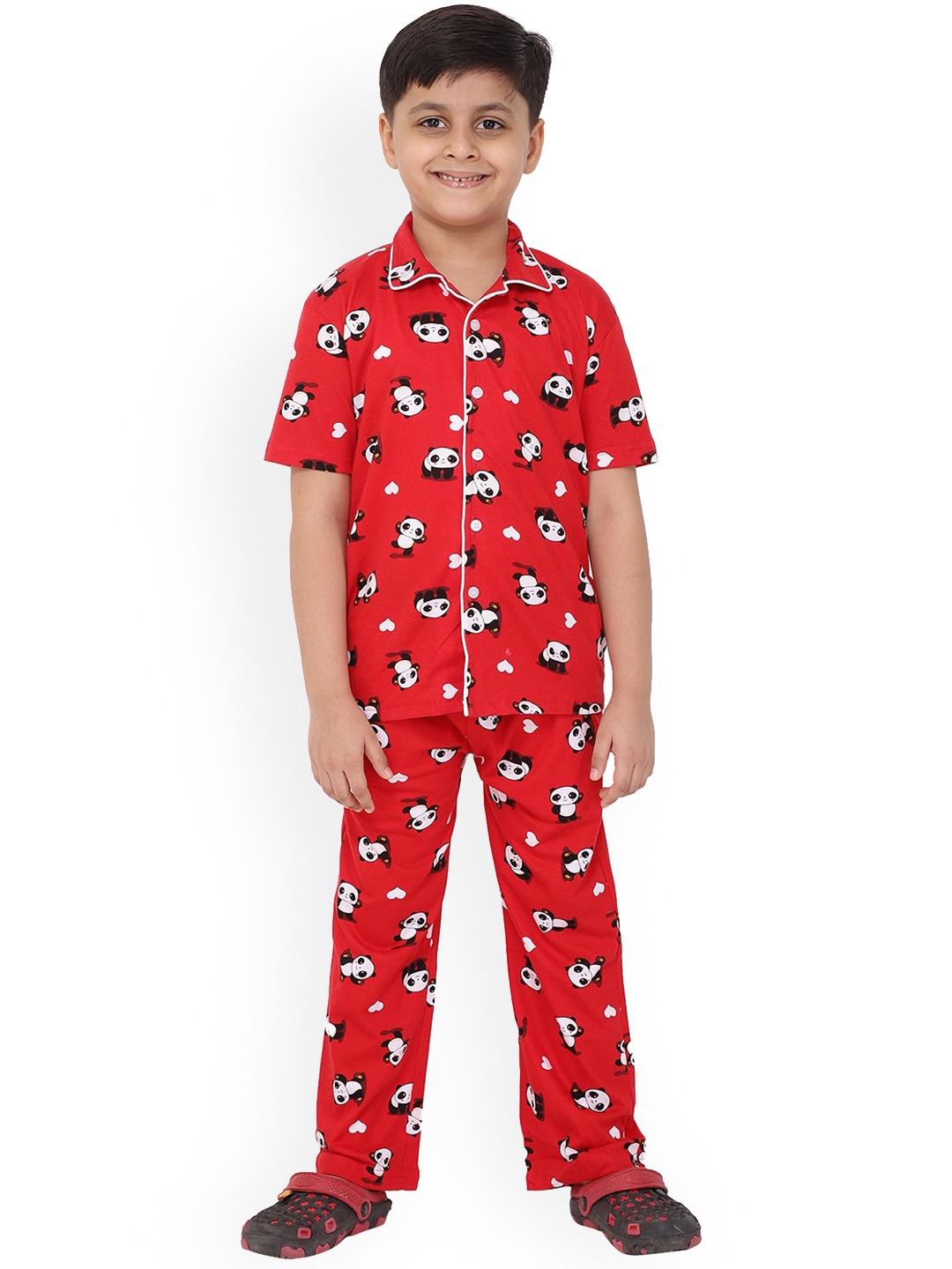 

Ninos Dreams Boys Panda Printed Pure Cotton Night Suit, Red