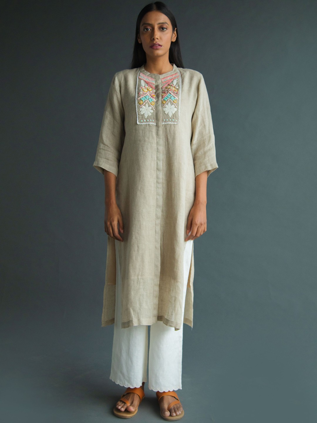 

Bombay Bloom Floral Yoke Design Band Collar Thread Work Pure Linen Straight Kurta, Grey