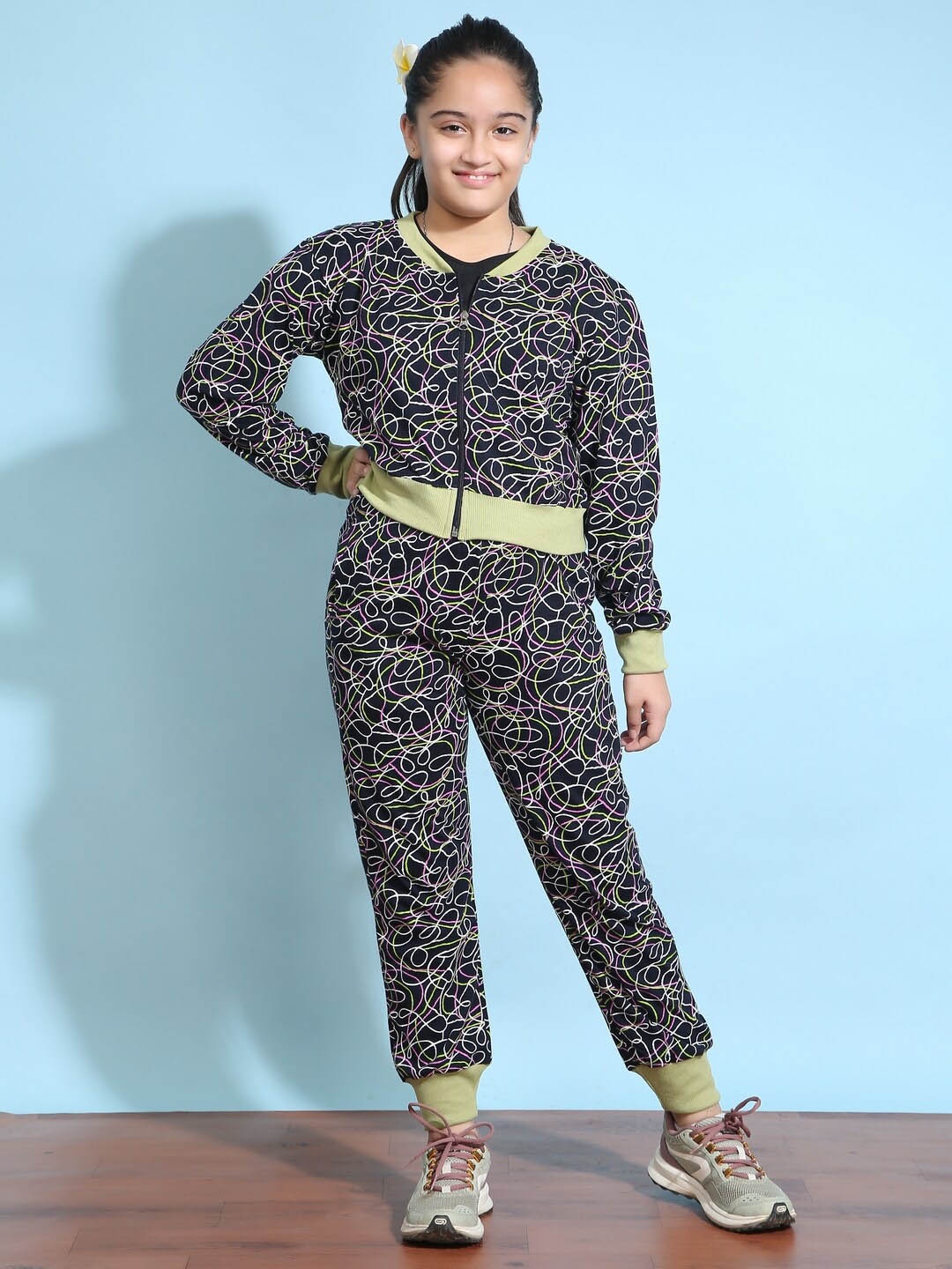 

Ninos Dreams Girls Abstract Printed Relaxed Fit Pure Cotton Bomber Jacket & Joggers, Navy blue