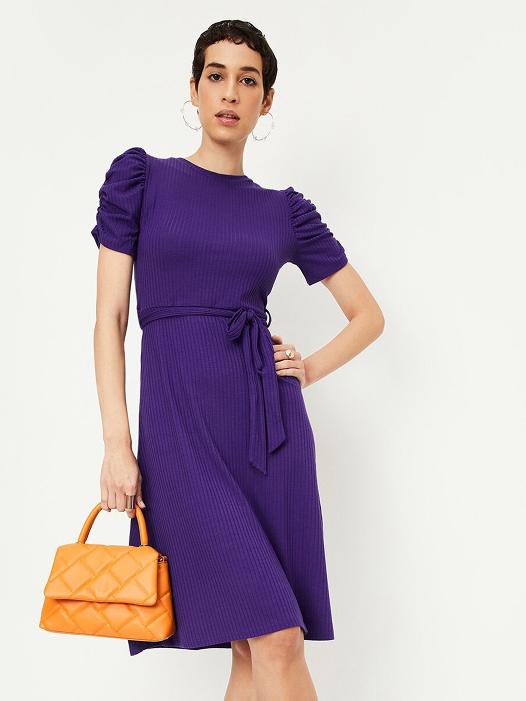 

max Ribbed Puff Sleeves Tie Ups A-Line Dress, Purple