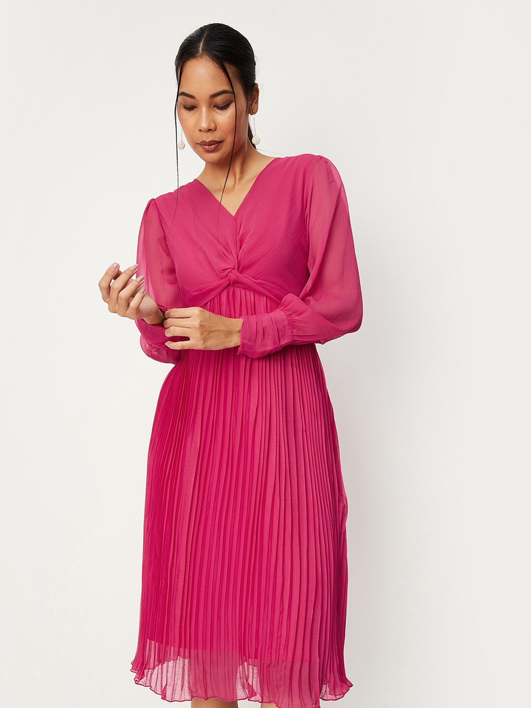 

max V-Neck Puff Sleeves Accordion Pleated Fit & Flare Midi Dress, Pink