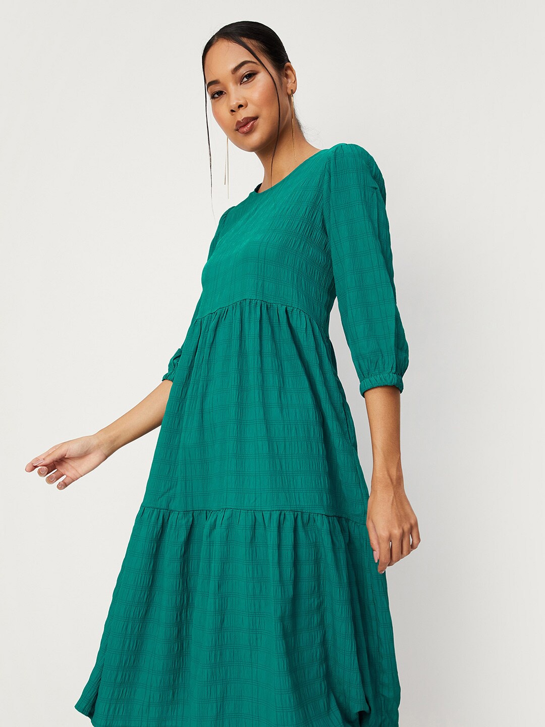 

max Checked Puff Sleeves Tiered Fit & Flare Dress, Teal
