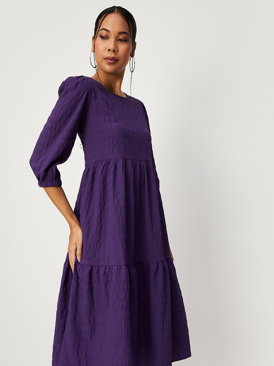 

max Checked Puff Sleeves Tiered Fit & Flare Dress, Purple