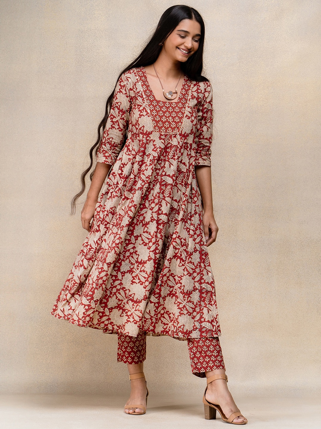 

OKHAI Floral Printed Mirror Work Pure Cotton Anarkali Kurta With Trousers, Red