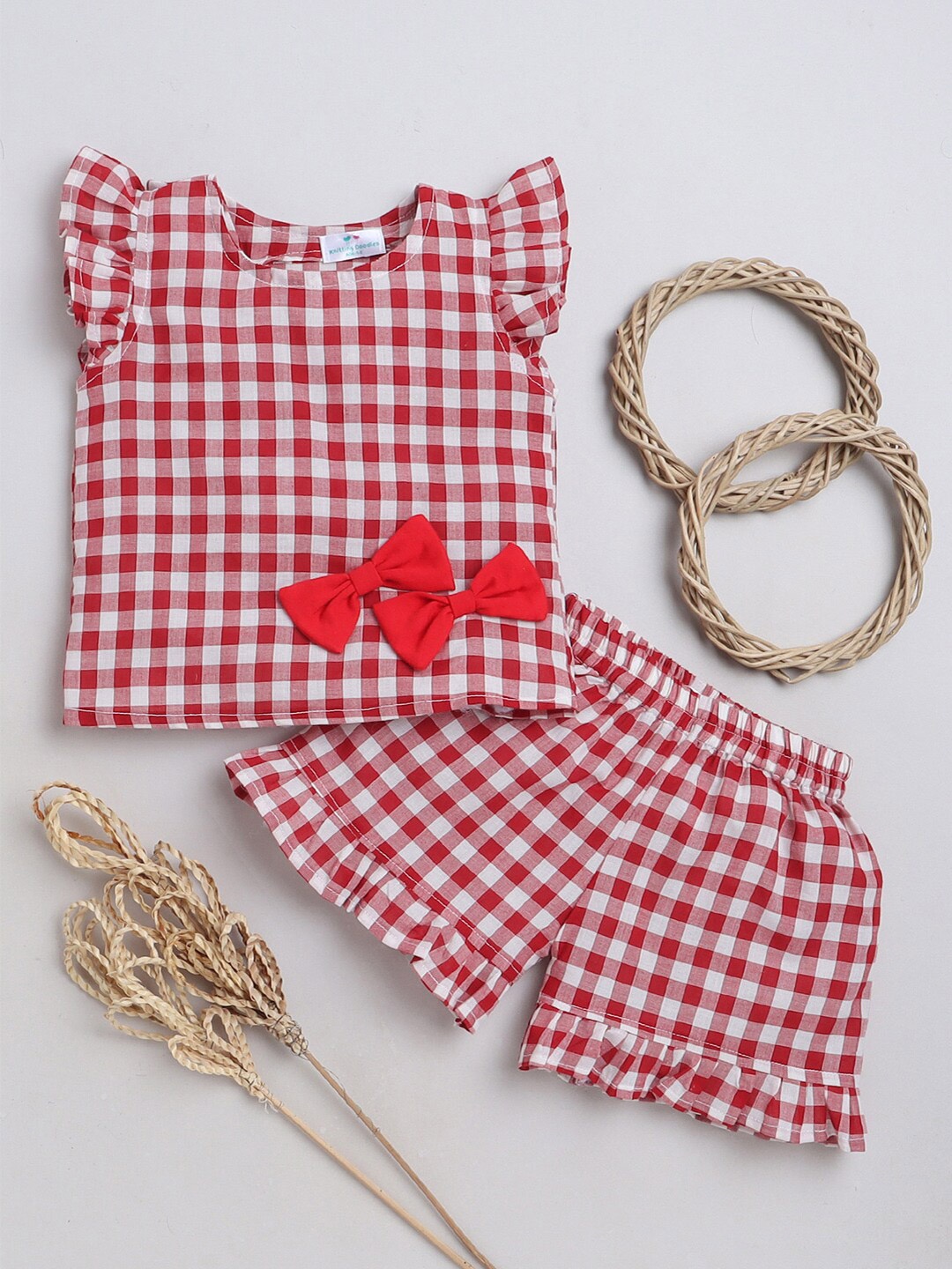 

Knitting Doodles Girls Checked Cotton Top With Shorts, Red