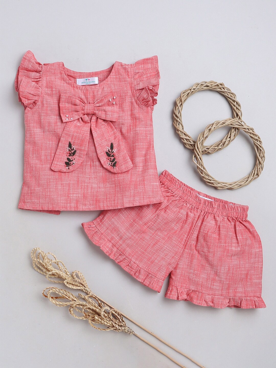 

Knitting Doodles Girls Embellished Cotton Top With Shorts, Red