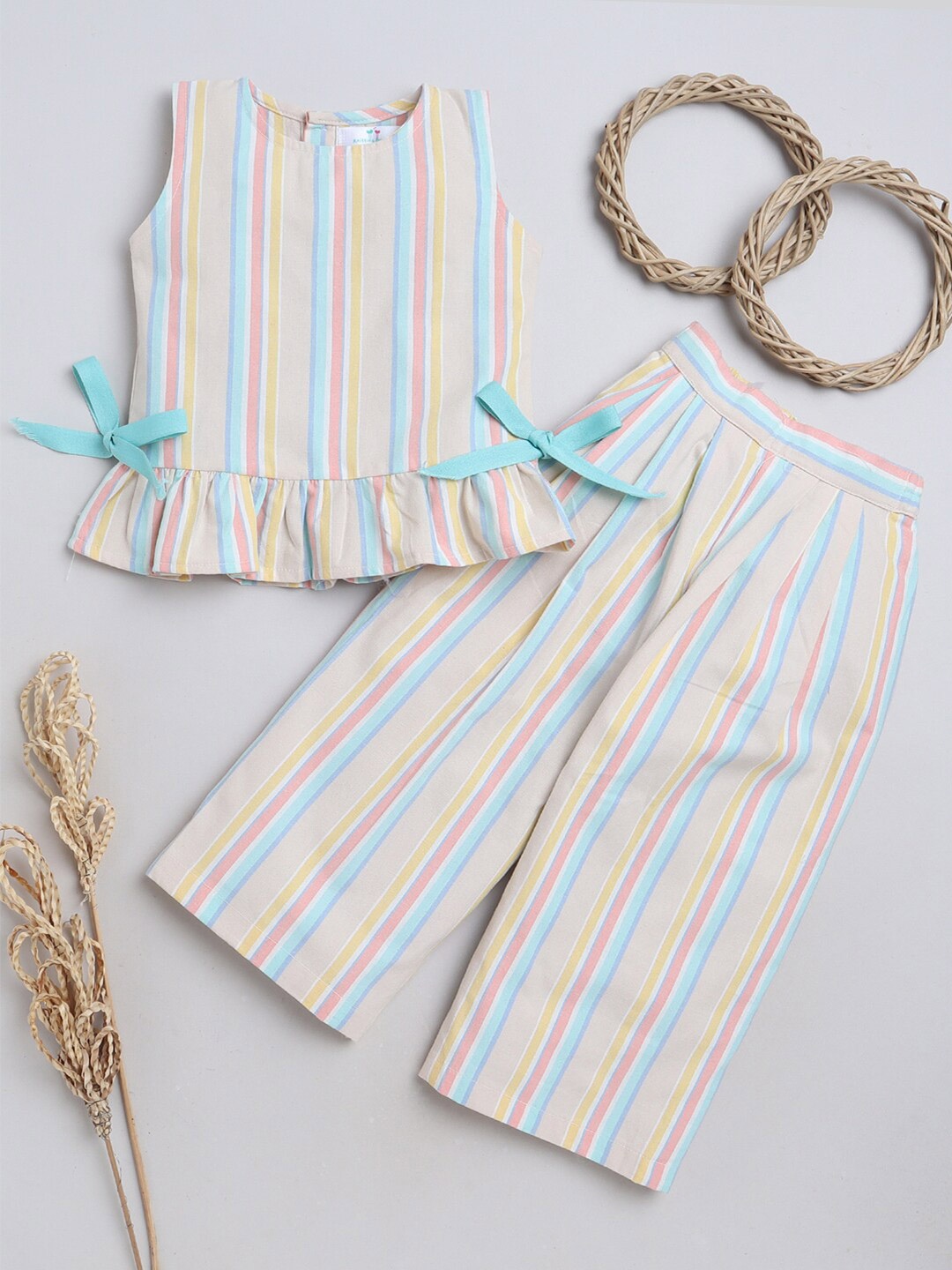 

Knitting Doodles Girls Striped Cotton Top With Pyjamas, Cream