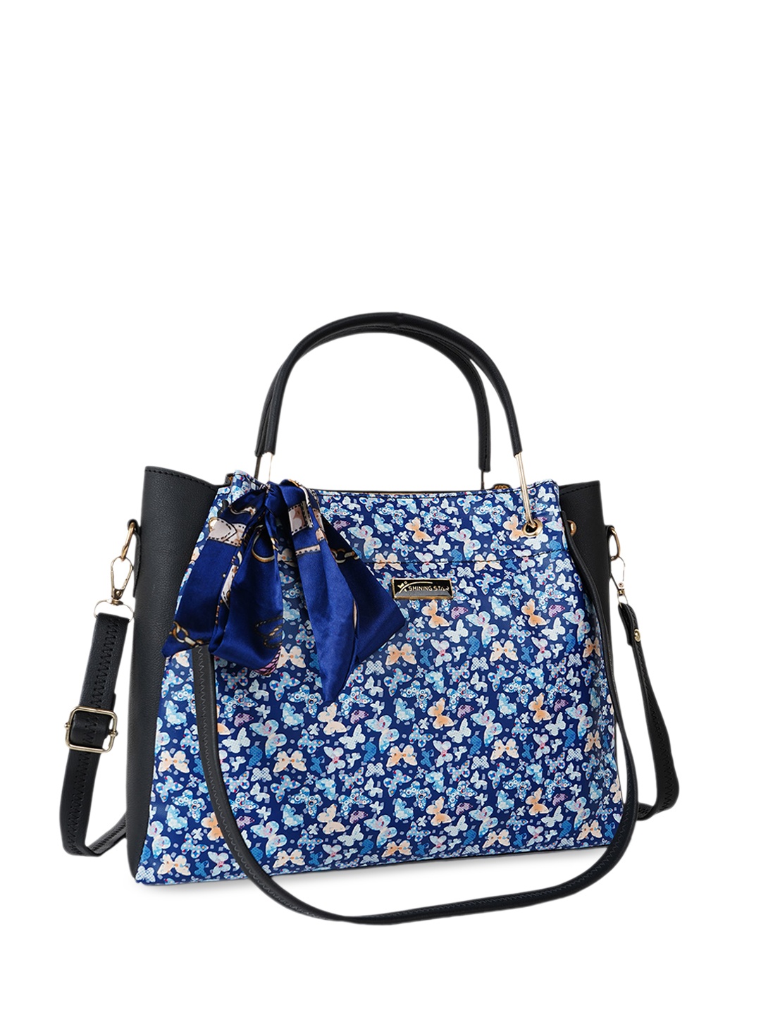 

SHINING STAR Navy Blue Floral Printed PU Structured Handheld Bag with Bow Detail