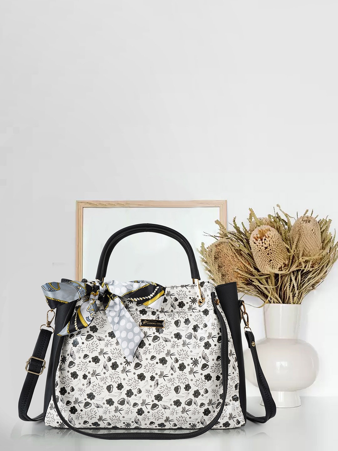 

SHINING STAR Floral Printed Structured Handheld Bag, Black