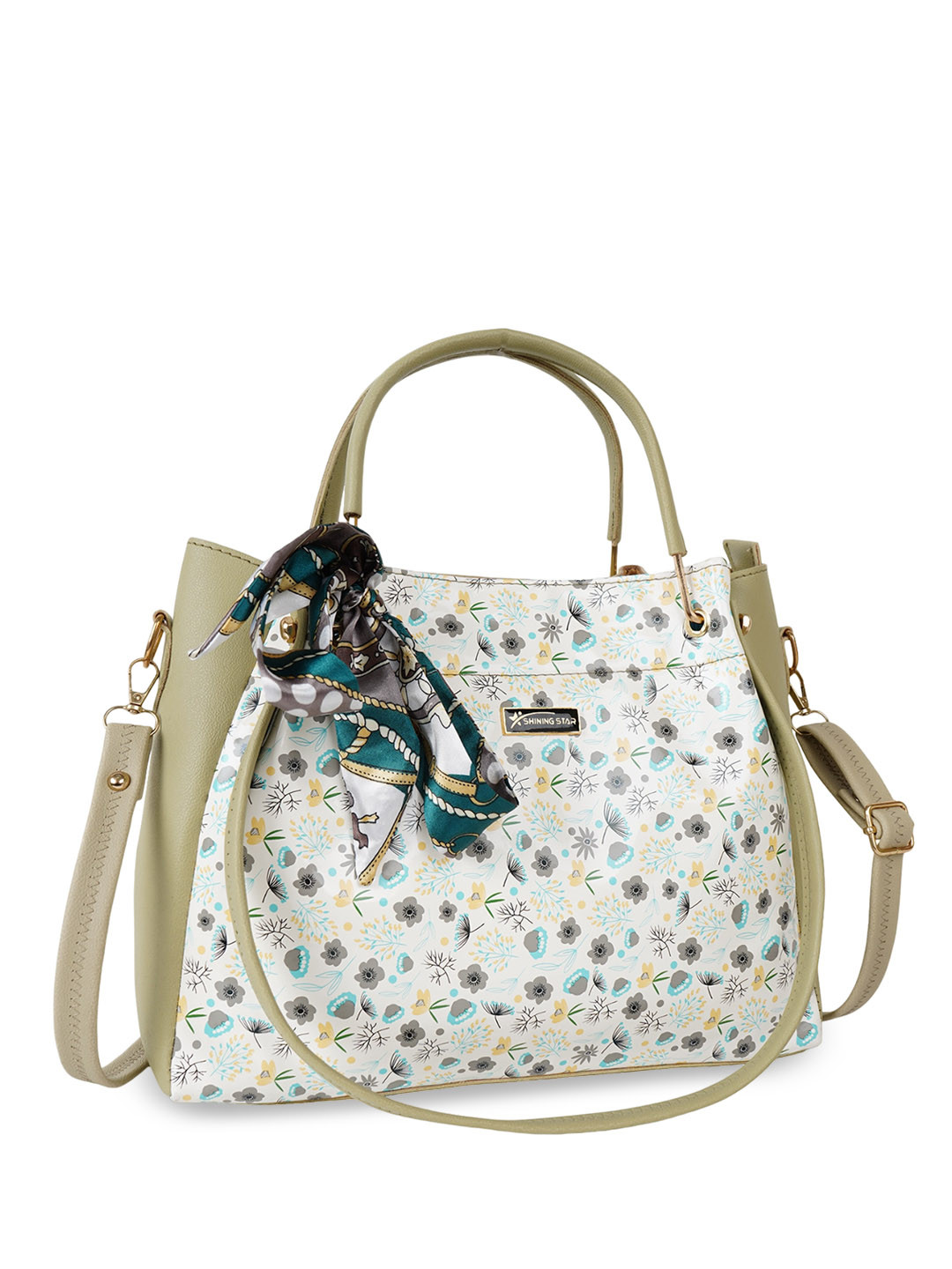 

SHINING STAR Floral Printed Structured Handheld Bag Up To 12 Inch, Green