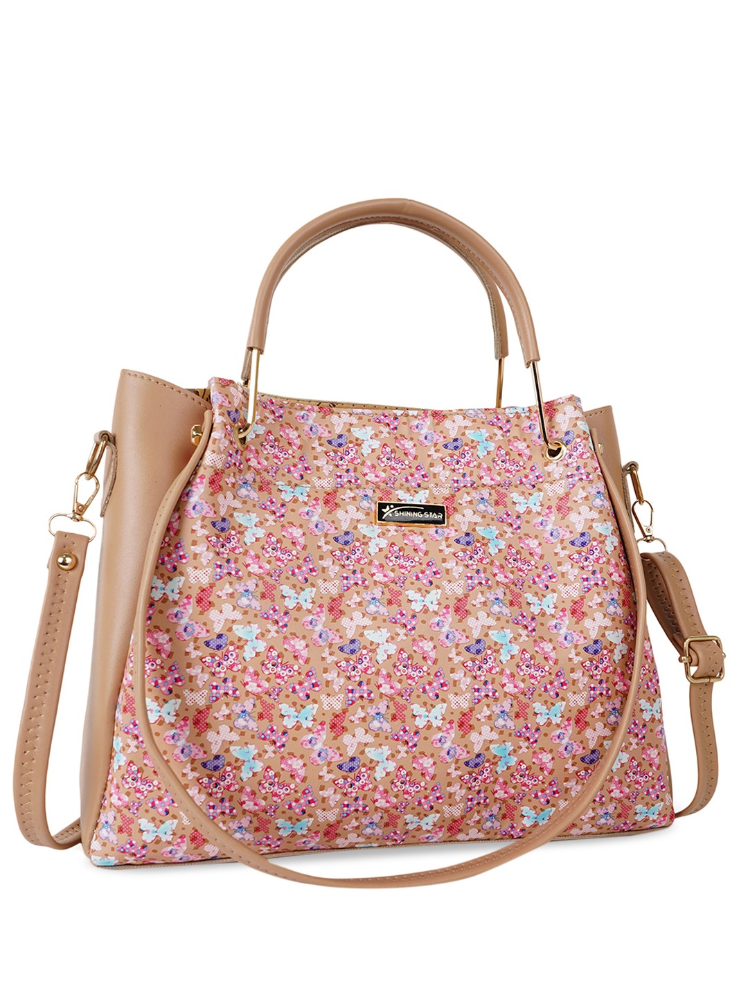 

SHINING STAR Floral Printed Structured Handheld Bag, Cream