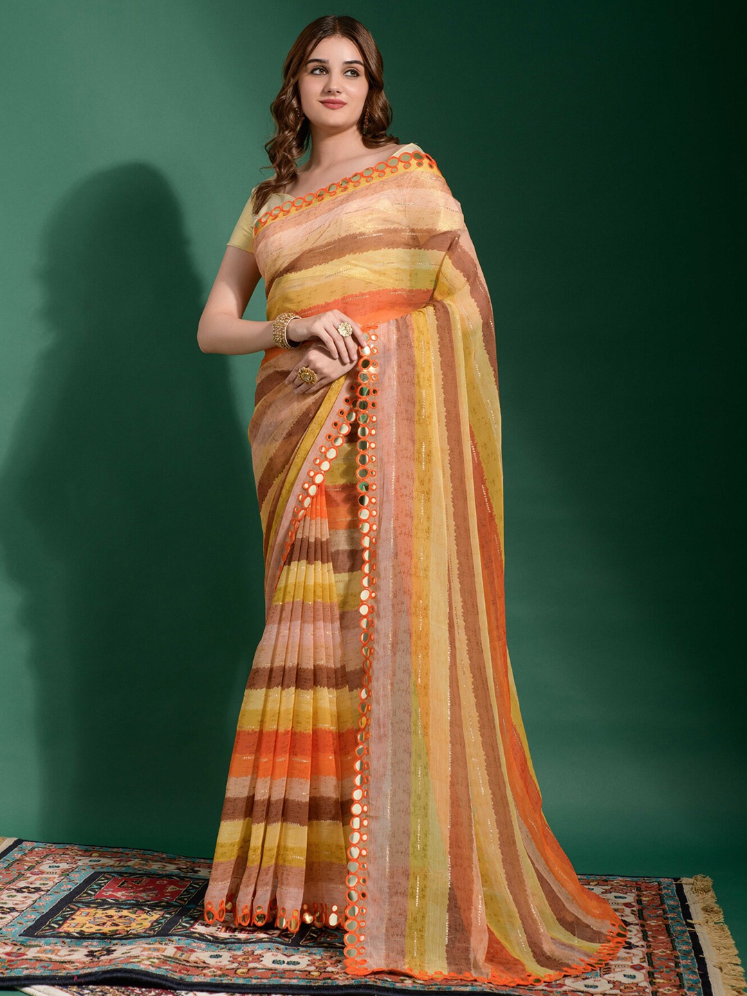

DWIZA ENTERPRISE Striped Mirror Work Pure Chiffon Leheriya Saree, Orange