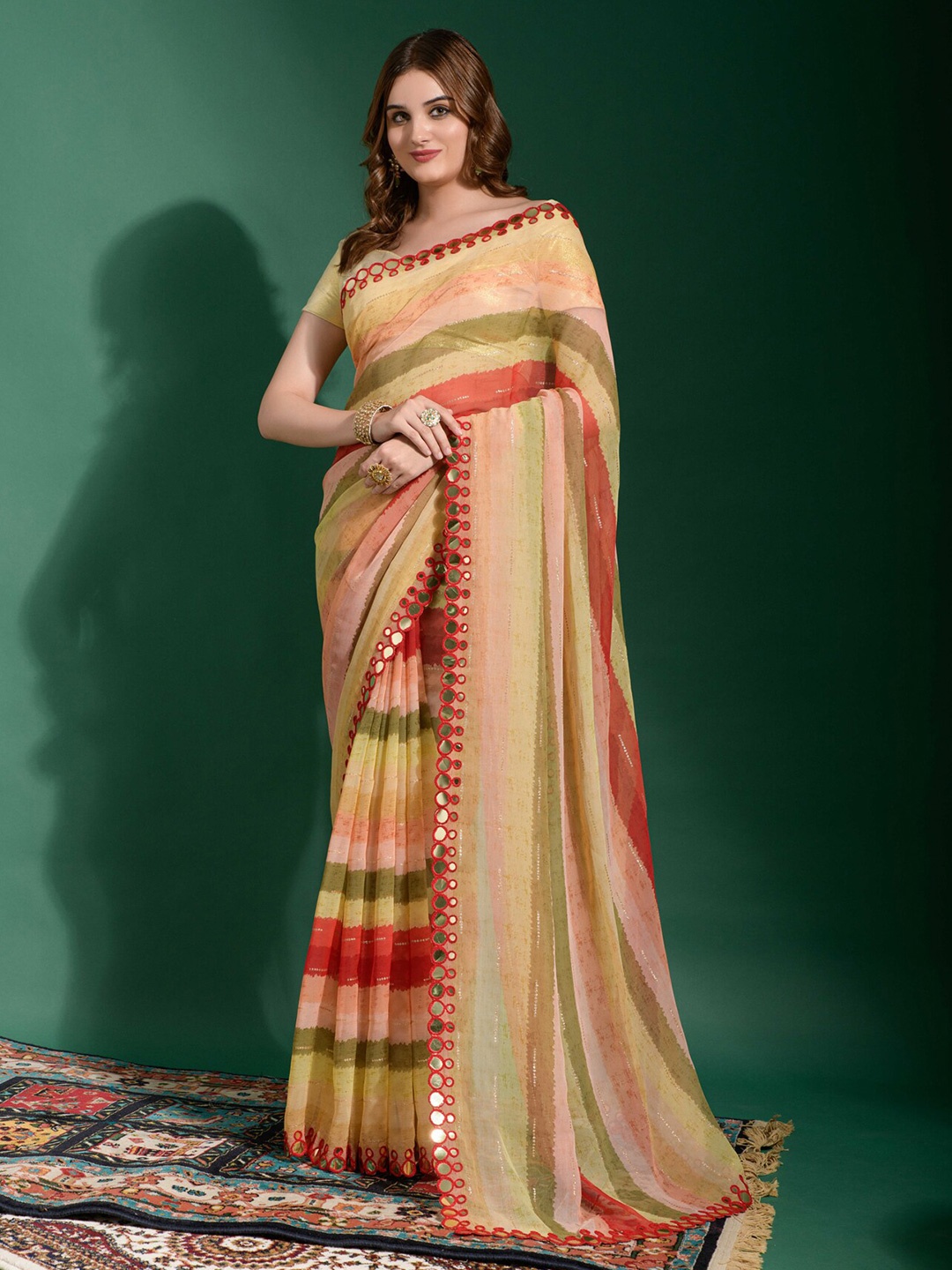 

DWIZA ENTERPRISE Red & Green Striped Mirror Work Pure Chiffon Leheriya Saree