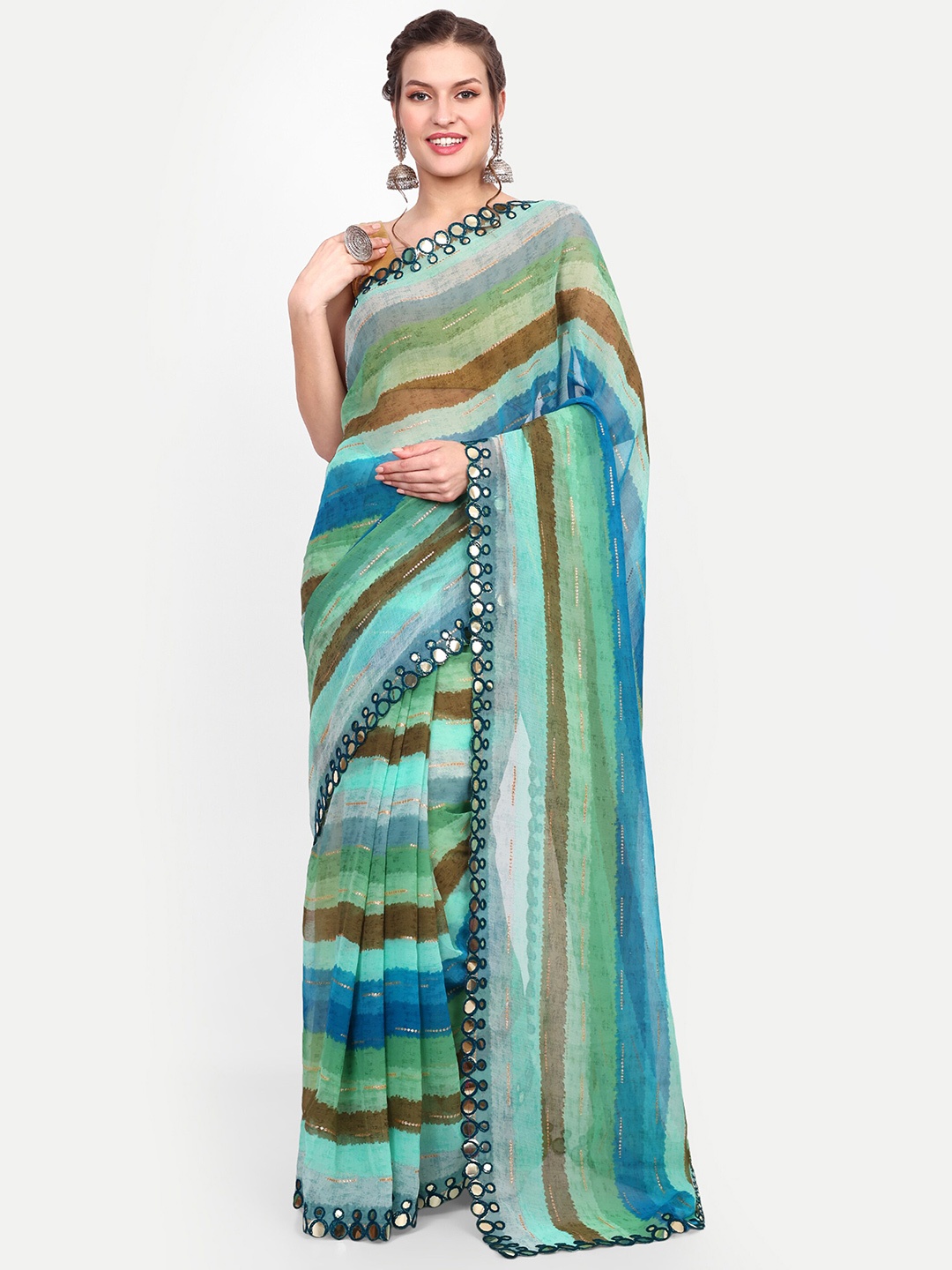 

DWIZA ENTERPRISE Striped Mirror Work Pure Chiffon Leheriya Saree, Green